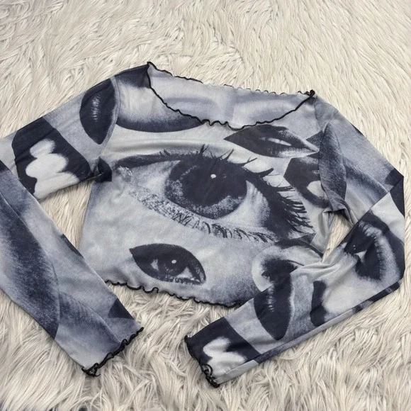 Unbranded Women's S Eye Face Print Cropped Mesh Top Lettuce Edge Artsy E-Girl - Picture 2 of 4